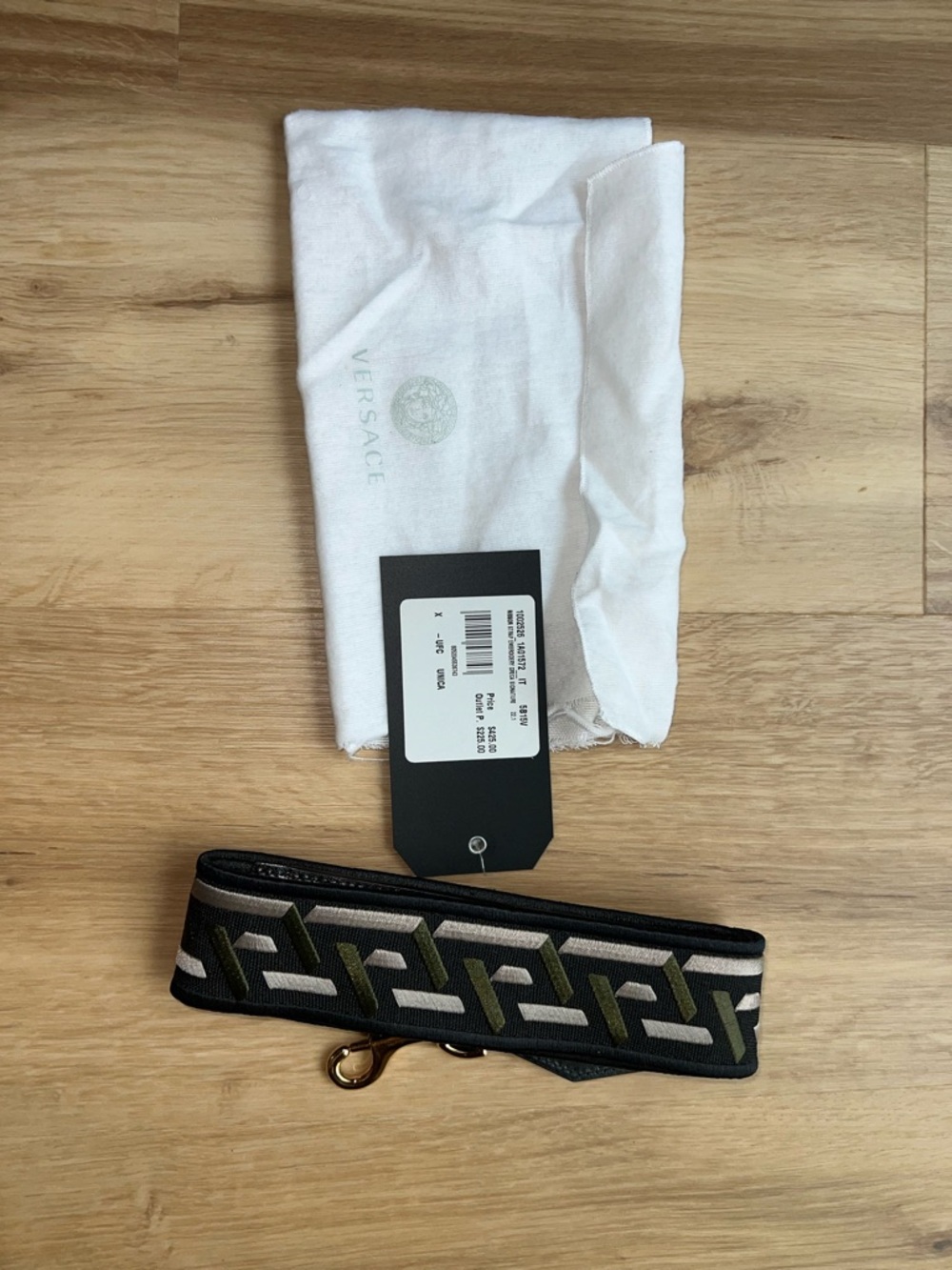 Versace Black Strap with Olive and Cream Geometric Webbing and Gold Hardware